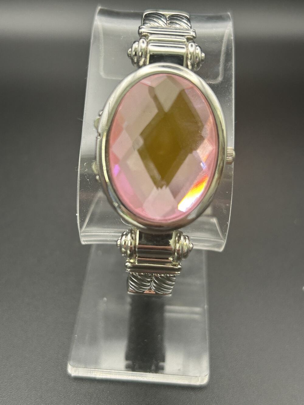 Pink Jewel Hidden Dial Cover Watch Womens Hinged Bangle Locket New Battery